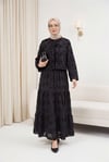 Önü Bağlamalı Kabartma Çiçek Nakışlı Eteği Astarlı Keten Kimono Takım  -Siyah-Takım-349-8089-R01