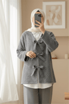 Önü Bağlamalı Kırçıllı Kaşe Ceket  -Gri-Ceket-349-6065-R11