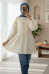 Önü Bağlamalı Kolları Lastikli Gömlek -Ekru-Gömlek-307-2338-R07