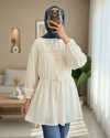 Önü Bağlamalı Kolları Lastikli Gömlek -Ekru-Gömlek-307-2338-R07