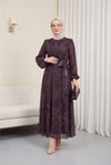 Önü Bağlamalı Kolu Lastikli Desenli Astarlı Şifon Elbise -Koyu Mor-Elbise-386-6302-R80