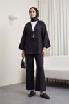 Önü Bağlamalı Pantolonlu Keten Kimono Takım  -Siyah-Takım-398-04014-R01