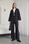 Takım-Önü Bağlamalı Pantolonlu Keten Kimono Takım  -Siyah-398-04014-R01