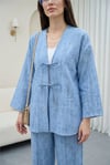 Takım-Önü Bağlamalı Pantolonlu Keten Kimono Takım  -Mavi-398-04014-R31