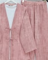 Önü Bağlamalı Pantolonlu Keten Kimono Takım  -Pudra-Takım-398-04014-R06