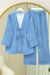 Önü Bağlamalı Pantolonlu Keten Kimono Takım  -Mavi-Takım-398-04014-R31