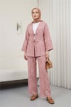 Önü Bağlamalı Pantolonlu Keten Kimono Takım  -Pudra-Takım-398-04014-R06