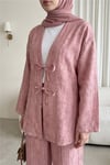 Takım-Önü Bağlamalı Pantolonlu Keten Kimono Takım  -Pudra-398-04014-R06