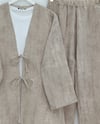 Takım-Önü Bağlamalı Pantolonlu Keten Kimono Takım  -Vizon-398-04014-R23
