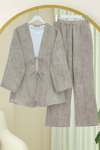 Takım-Önü Bağlamalı Pantolonlu Keten Kimono Takım  -Vizon-398-04014-R23