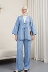 Önü Bağlamalı Pantolonlu Keten Kimono Takım  -Mavi-Takım-398-04014-R31