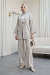 Önü Bağlamalı Pantolonlu Keten Kimono Takım  -Taş-Takım-398-04014-R43