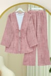 Önü Bağlamalı Pantolonlu Keten Kimono Takım  -Pudra-Takım-398-04014-R06