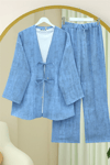 Takım-Önü Bağlamalı Pantolonlu Keten Kimono Takım  -Mavi-398-04014-R31