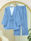 Takım-Önü Bağlamalı Pantolonlu Keten Kimono Takım  -Mavi-398-04014-R31