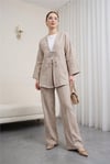 Takım-Önü Bağlamalı Pantolonlu Keten Kimono Takım  -Vizon-398-04014-R23