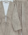 Önü Bağlamalı Pantolonlu Keten Kimono Takım  -Vizon-Takım-398-04014-R23