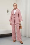 Takım-Önü Bağlamalı Pantolonlu Keten Kimono Takım  -Pudra-398-04014-R06