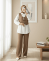 Önü Bağlamalı Yelek Pantolon İkili Takım   -Kahve-Takım-346-3069-R15