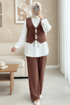 Önü Bağlamalı Yelek Pantolon Kadife Takım  -Kiremit-Takım-346-3080-R30