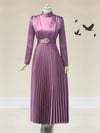 Önü Büzgü Detaylı Hakim Yaka Pileli Abiye -G.Kurusu