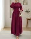 Önü Büzgülü Kolu Lastikli Fermuarlı Poplin Elbise -Bordo-Elbise-253-13066-R04