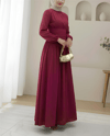 Önü Büzgülü Kolu Lastikli Fermuarlı Poplin Elbise -Bordo-Elbise-253-13066-R04