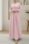 Önü Büzgülü Kolu Lastikli Fermuarlı Poplin Elbise -Pembe-Elbise-253-13066-R20