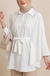 Önü Çiçek Detaylı Beli Bağcıklı Düğmeli Panço  -Beyaz-Tunik-398-1048-R02