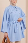 Önü Çiçek Detaylı Beli Bağcıklı Düğmeli Panço -Mavi-Tunik-398-1048-R31