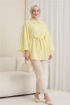Önü Çiçek Detaylı Beli Bağcıklı Düğmeli Panço -Açık Sarı-Tunik-398-1048-R75