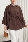 Önü Çiçek Detaylı Beli Bağcıklı Düğmeli Panço   -Kahve-Tunik-398-1048-R15