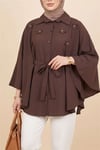 Önü Çiçek Detaylı Beli Bağcıklı Düğmeli Panço   -Kahve-Tunik-398-1048-R15