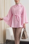 Önü Çiçek Detaylı Beli Bağcıklı Düğmeli Panço -Pembe-Tunik-398-1048-R20