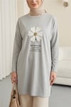 Önü Çiçek Nakışlı Bisiklet Yaka Penye Tunik -Gri-Tunik-253-13157-R11