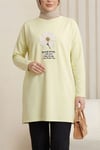Önü Çiçek Nakışlı Bisiklet Yaka Penye Tunik -Açık Sarı-Tunik-253-13157-R75