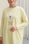 Önü Çiçek Nakışlı Bisiklet Yaka Penye Tunik -Açık Sarı-Tunik-253-13157-R75