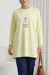 Önü Çiçek Nakışlı Bisiklet Yaka Penye Tunik -Açık Sarı-Tunik-253-13157-R75