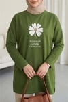 Önü Çiçek Nakışlı Bisiklet Yaka Penye Tunik -Yeşil-Tunik-253-13157-R35