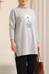 Önü Çiçek Nakışlı Bisiklet Yaka Penye Tunik -Gri-Tunik-253-13157-R11