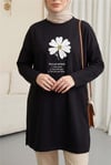Önü Çiçek Nakışlı Bisiklet Yaka Penye Tunik -Siyah-Tunik-253-13157-R01