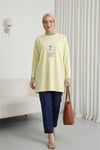 Önü Çiçek Nakışlı Bisiklet Yaka Penye Tunik -Açık Sarı-Tunik-253-13157-R75
