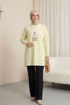 Önü Çiçek Nakışlı Bisiklet Yaka Penye Tunik -Açık Sarı-Tunik-253-13157-R75