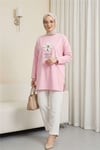 Önü Çiçek Nakışlı Bisiklet Yaka Penye Tunik -Pembe-Tunik-253-13157-R20