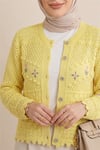 Önü Çiçek Nakışlı Ponponlu Düğmeli Triko Hırka   -Sarı-Hırka-109-0989-R22