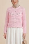 Önü Çiçek Nakışlı Ponponlu Düğmeli Triko Hırka  -Pembe-Hırka-109-0989-R20