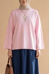 Önü Çiçek Nakışlı Yuvarlak Yaka Salaş Penye Tunik  -Pembe-Tunik-253-13137-R20