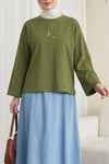 Önü Çiçek Nakışlı Yuvarlak Yaka Salaş Penye Tunik  -Yeşil-Tunik-253-13137-R35