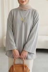 Önü Çiçek Nakışlı Yuvarlak Yaka Salaş Penye Bluz     -Gri-Tunik-253-13137-R11