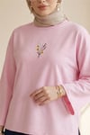 Önü Çiçek Nakışlı Yuvarlak Yaka Salaş Penye Tunik  -Pembe-Tunik-253-13137-R20
